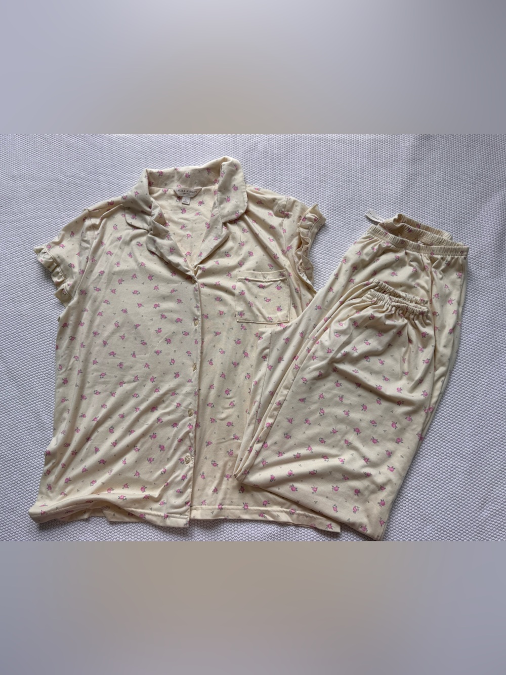 Laura Ashley Butter Yellow Pajama Set with Pink Floral Print